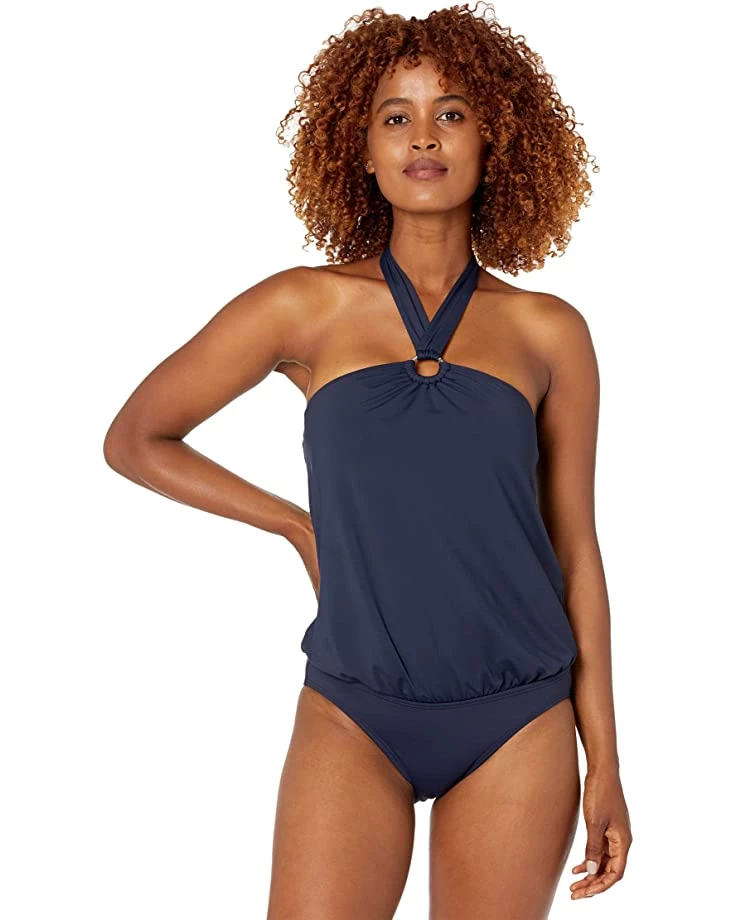 MICHAEL Michael Kors Swimwear Iconic Solids Logo Ring Trim Halter Blouson One-Piece With Hidden U Wire - Image 3