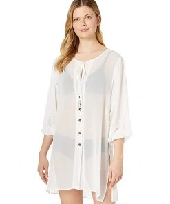 MICHAEL Michael Kors Swimwear Solid Logo Chain Button Front Cover-Up Top