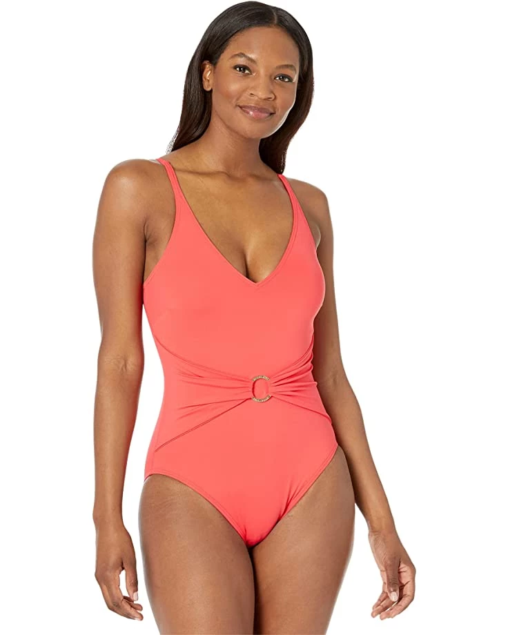 MICHAEL Michael Kors Swimwear Iconic Solids Sash Logo Trim V-Neck One-Piece with Removable Soft Cups - Image 3