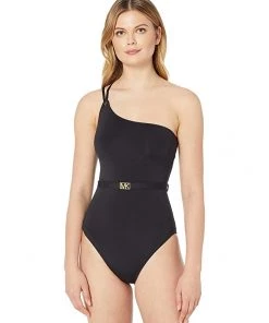 MICHAEL Michael Kors Swimwear Logo Solids One Shoulder One-Piece