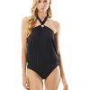 MICHAEL Michael Kors Swimwear Iconic Solids Logo Ring Trim Halter Blouson One-Piece With Hidden U Wire