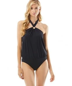 MICHAEL Michael Kors Swimwear Iconic Solids Logo Ring Trim Halter Blouson One-Piece With Hidden U Wire