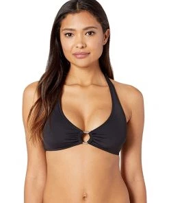 MICHAEL Michael Kors Swimwear Iconic Solids Logo Ring Halter Bikini Top